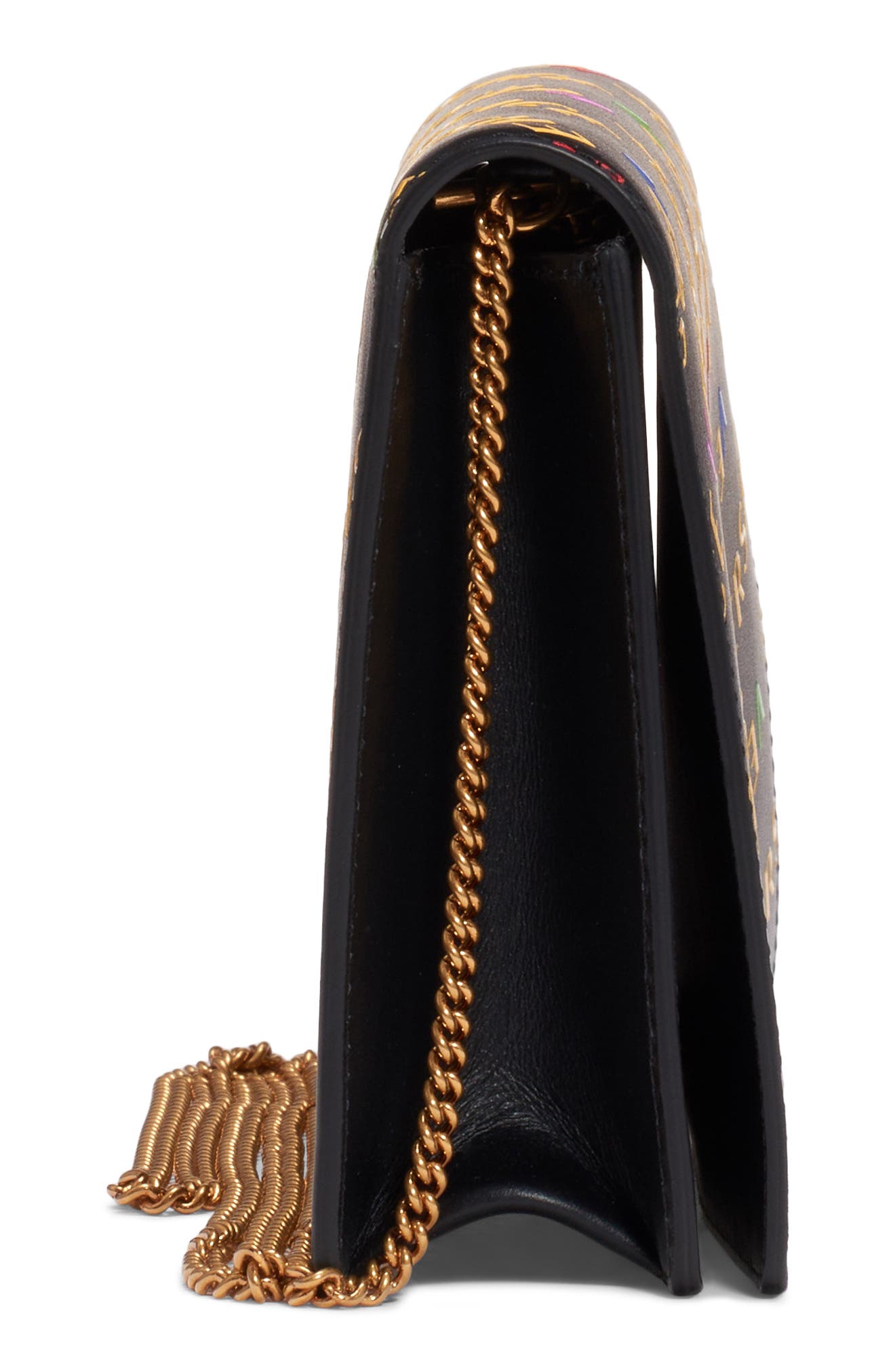 First Line Logo Leather Wallet on a Chain, Alternate, color, BLACK MULTI/ WARM GOLD