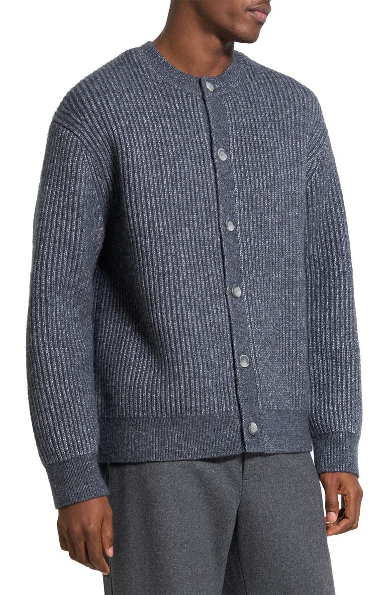Theory Oversize Ribbed Wool & Cotton Crewneck Cardigan, Alternate, color, Grey Melange