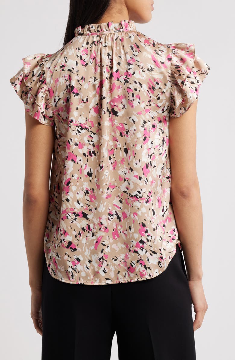 Anne Klein Floral Ruffle Sleeve Tie Neck Top, Alternate, color, 