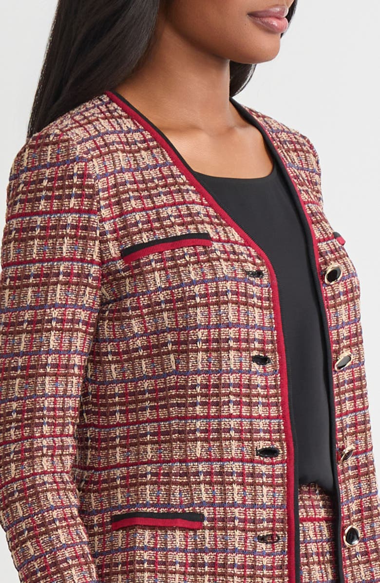 Misook Tailored Plaid Multi-Stitch Knit Jacket, Alternate, color, Scarlet Red/Truffle