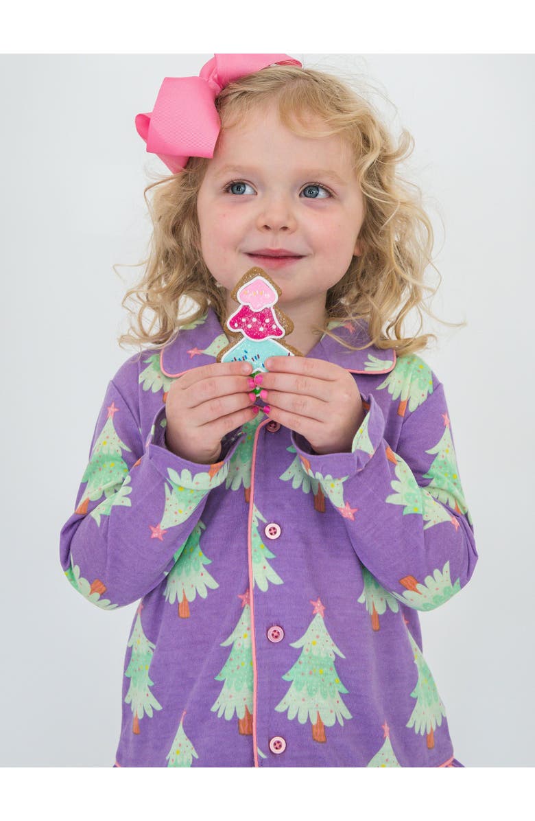 RuffleButts Holiday Ruffle Flare Pajama Set, Alternate, color, Purple Twinkling Trees