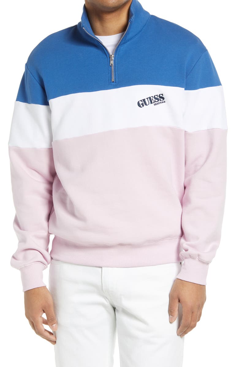 GUESS ORIGINALS Go Reynolds Colorblock Half Zip Cotton Blend Sweatshirt, Main, color, 