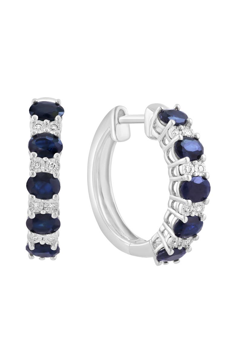 Sterling Silver Sapphire & Diamond Hoop Earrings - 0.06ct., Main, color, BLUE