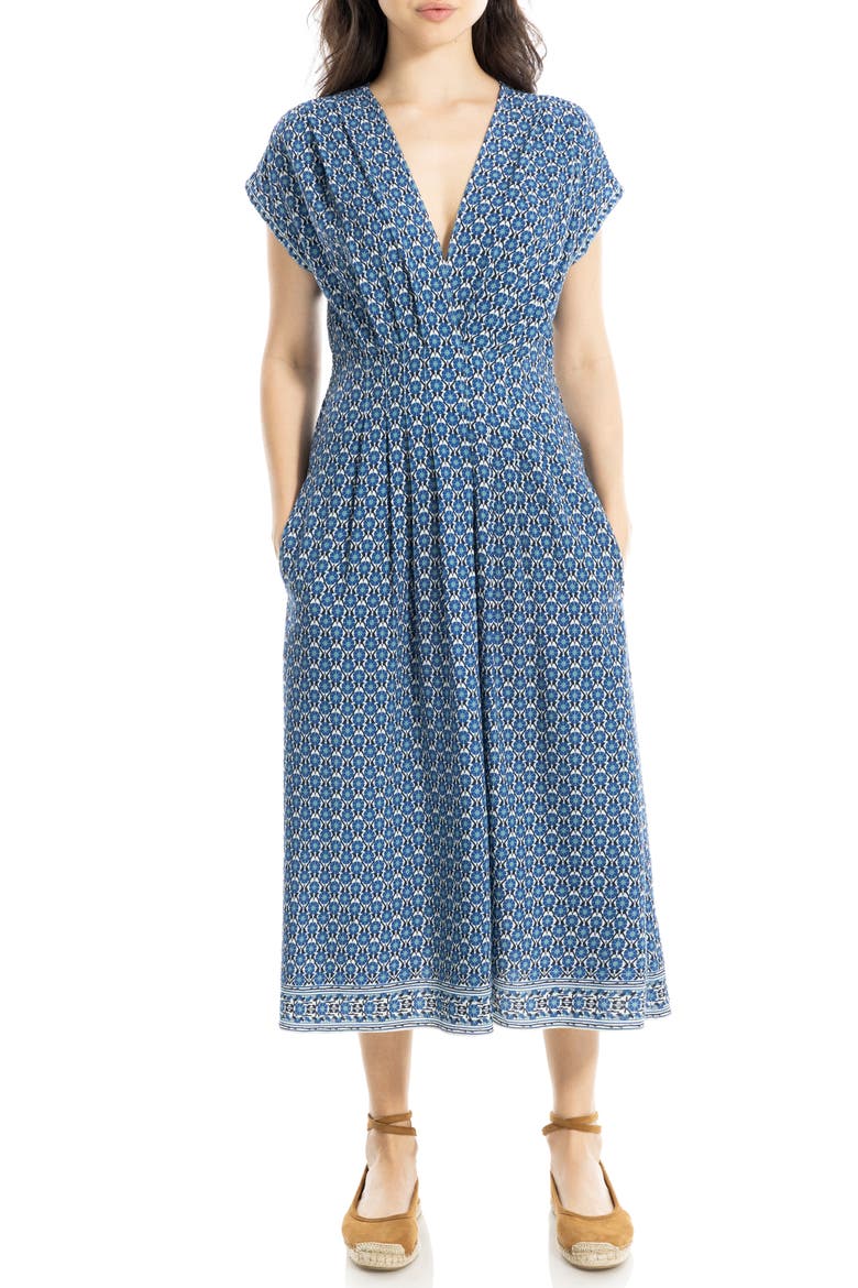 Surplice Neck Pleated Midi Dress, Alternate, color, CREAM/ BLUE DAISY BARS