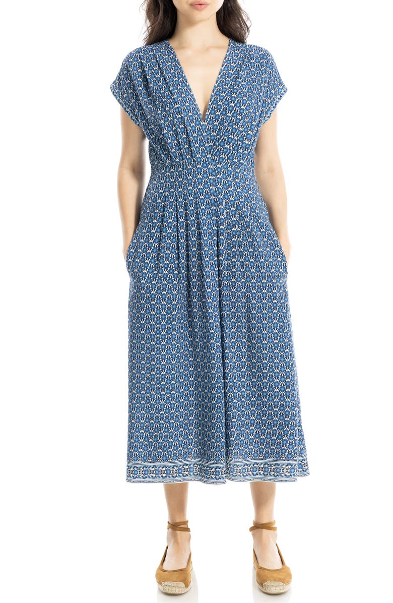 MAX STUDIO Surplice Neck Pleated Midi Dress, Alternate, color, Cream/ Blue Daisy Bars