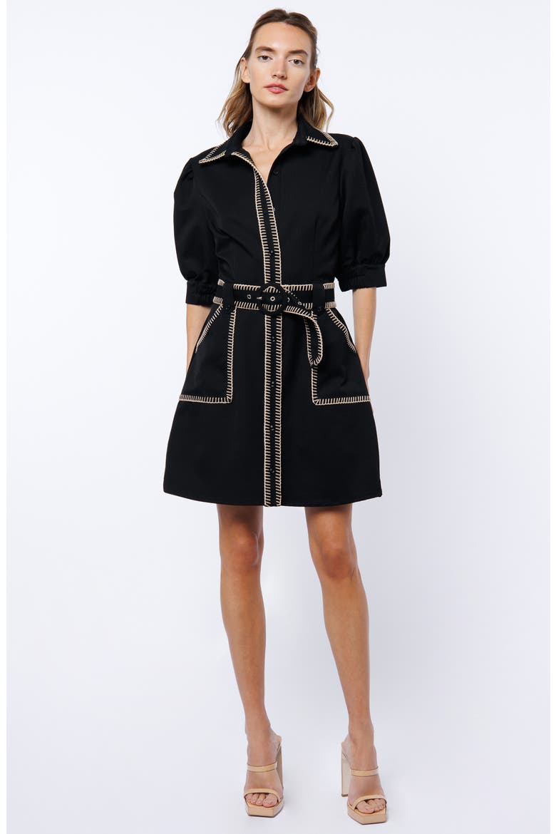 Whipstitch Short Sleeve Shirtdress, Alternate, color, BLACK