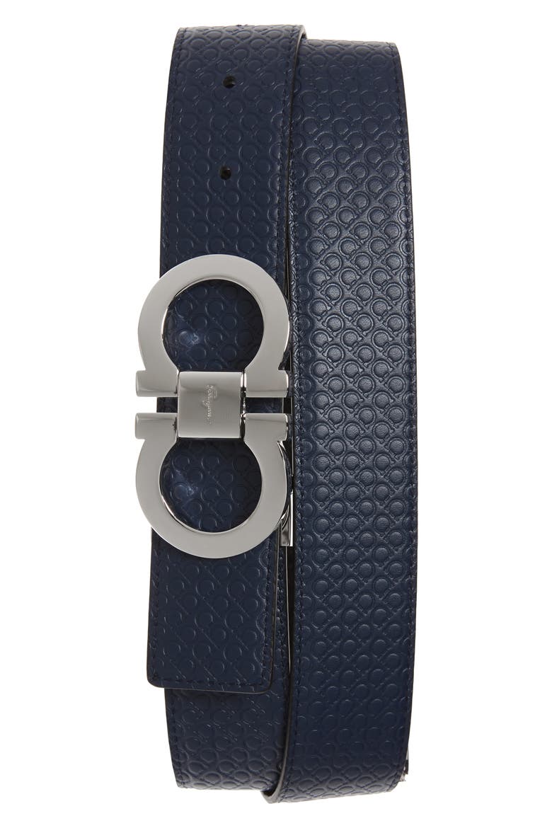 Salvatore Ferragamo Gancini Embossed Reversible Leather Belt, Alternate, color, BLACK/ NAVY