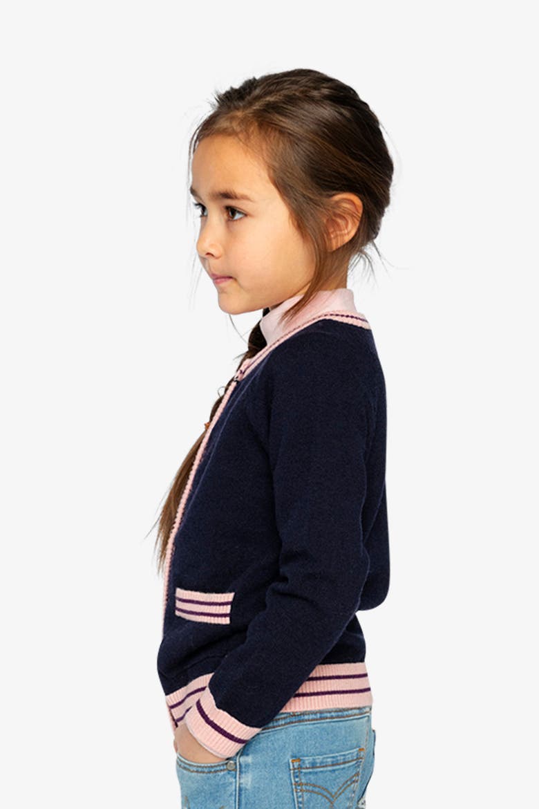 Knitted Button Front Striped Trim Cardigan, Alternate, color, Royal Blue and Pink