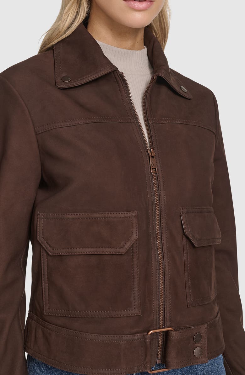 Andrew Marc Luneta Suede Trucker Jacket, Alternate, color, Chocolate