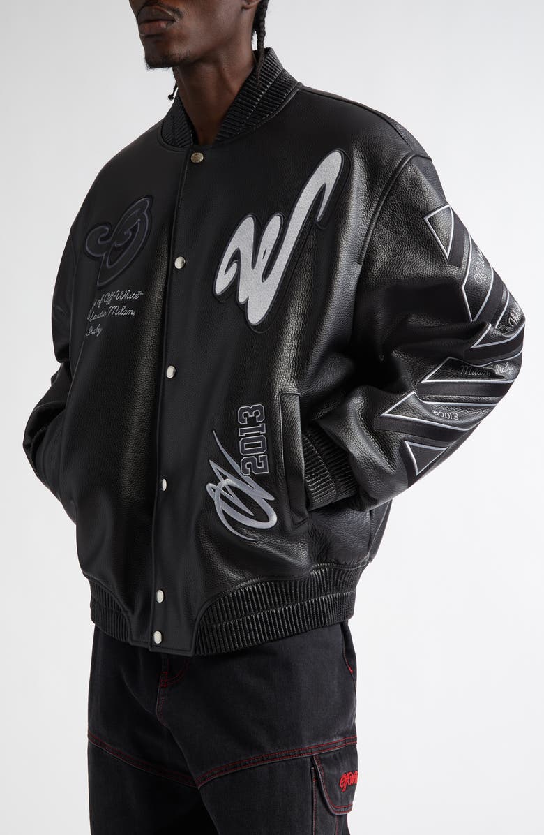 Off-White Dragon Varsity Leather Bomber Jacket, Alternate, color, 