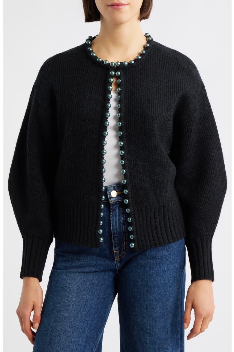Faux Pearl Trim Cardigan, Alternate, color, BLACK