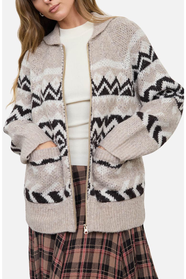 Geometric Jacquard Zip Cardigan, Alternate, color, TAUPE