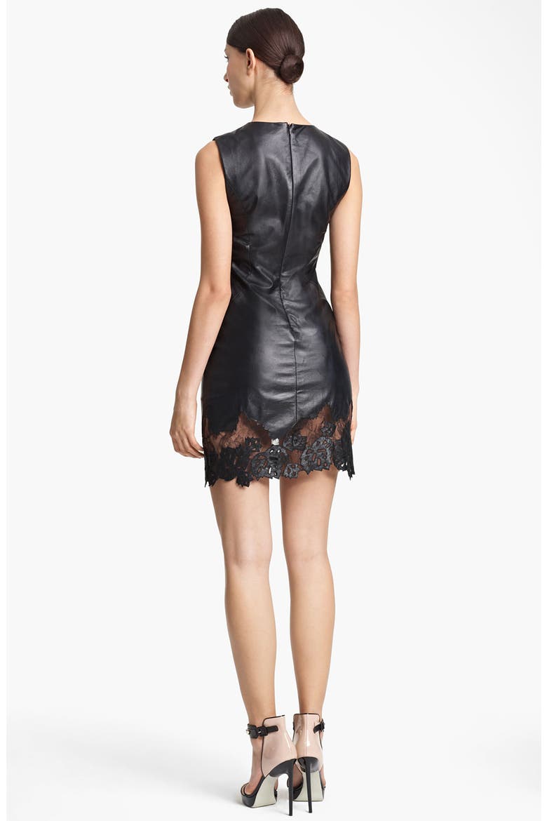 Lambskin Leather & Lace Sheath Dress, Alternate, color, BLACK