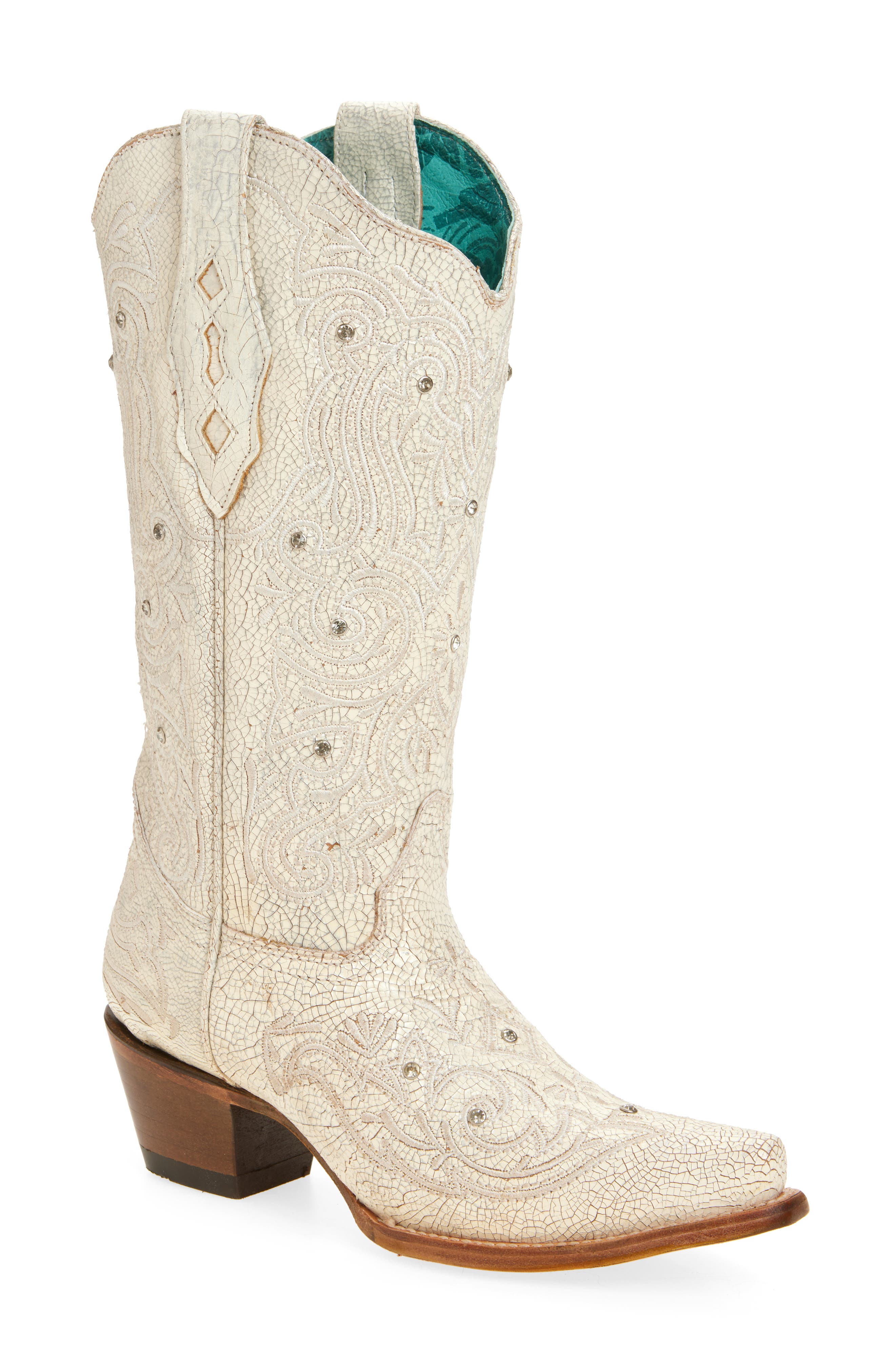 CORRAL Crystal & Embroidered Crackled Mid Calf Western Boot, Main, color, 
