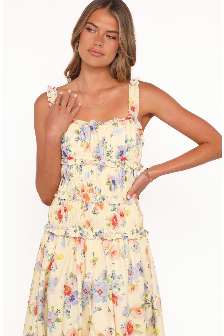 Enola Shirred Ruffle Trim Midi Dress, Alternate, color, YELLOW FLORAL