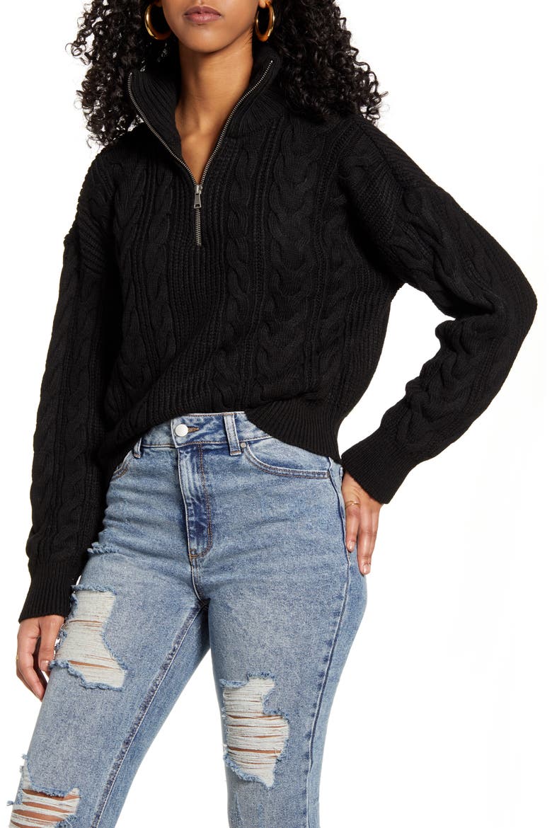 Half-Zip Cable Sweater, Main, color, BLACK