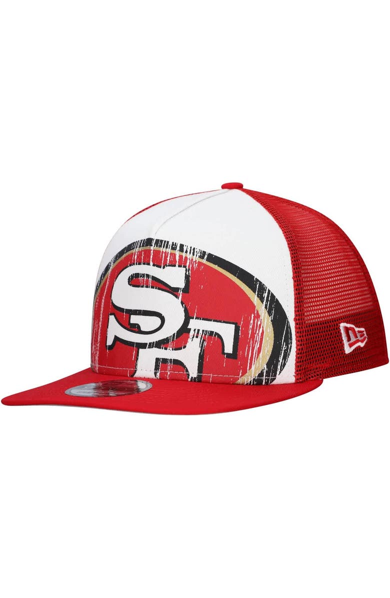 New Era Men's New Era White/Scarlet San Francisco 49ers Distressed 9FIFTY A-Frame Snapback Hat, Main, color, White