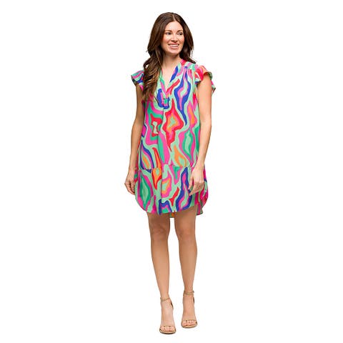 Maternity Print V-Neck Cap Sleeve Knee Length Pocket Dress