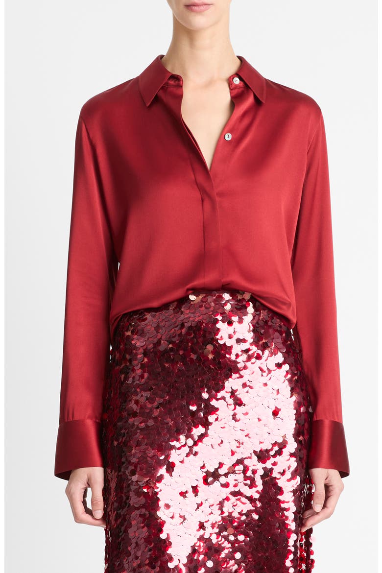 Slim Fit Stretch Silk Button-Up Shirt, Main, color, RUBY INK