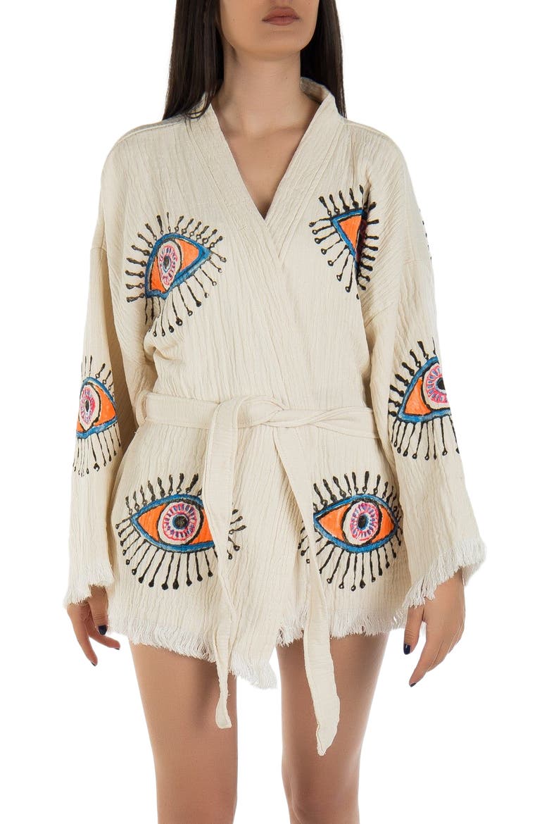 Sereia Evil Eye Handmade Cotton Short Robe Cover-Up, Alternate, color, Off-White