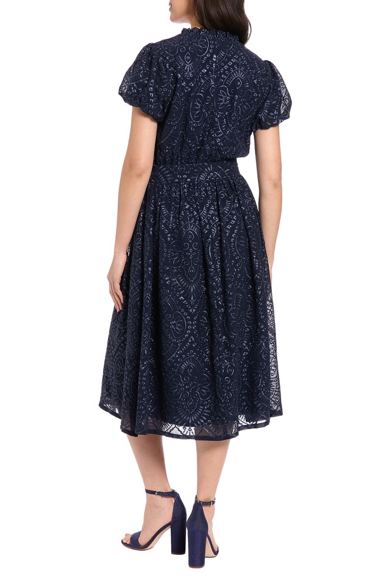 London Times Eyelet Embroidered Puff Sleeve Midi Dress, Alternate, color, Navy