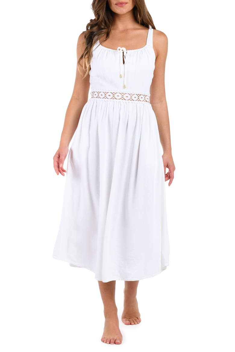 Lake Side Tie Neck Midi Cover-Up Dress, Main, color, WHITE
