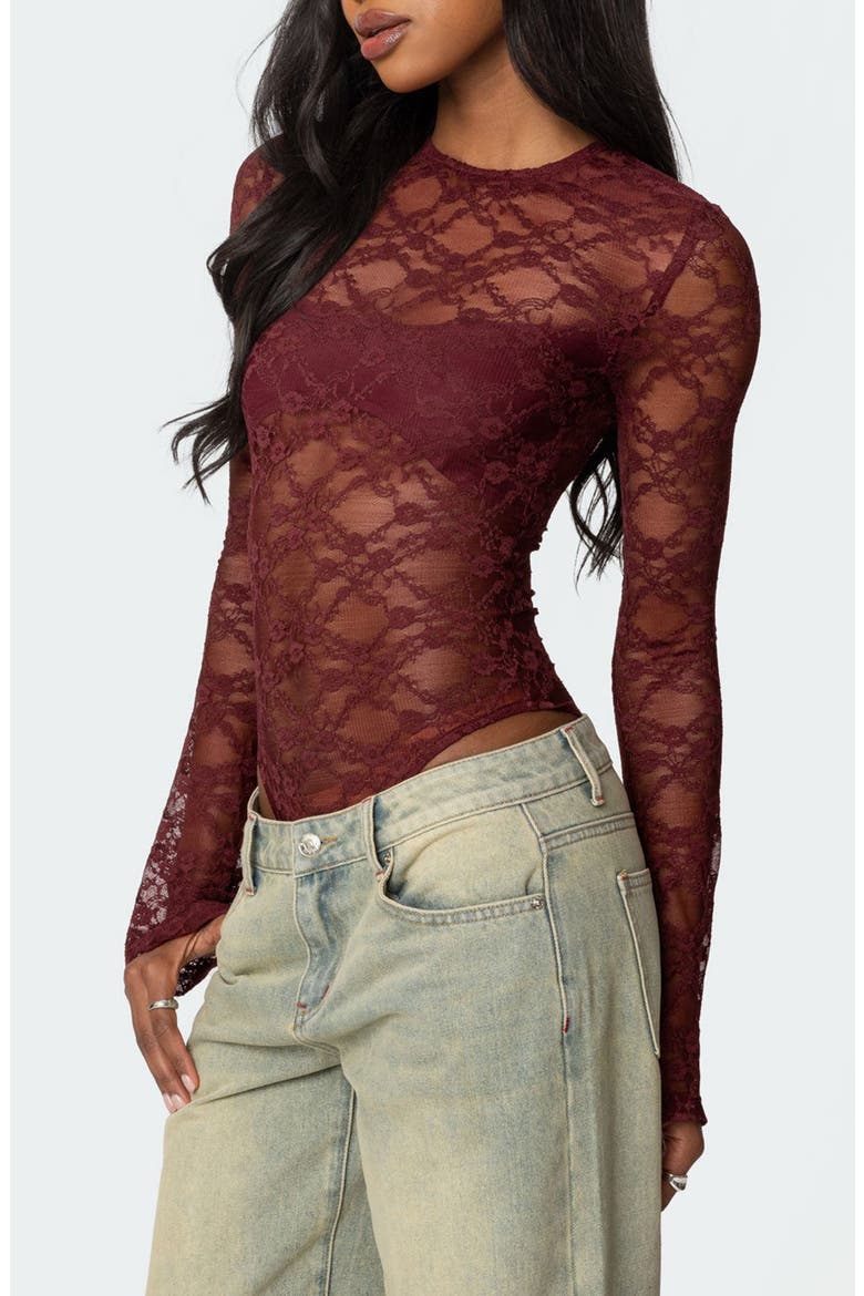 Colette Sheer Lace Bodysuit, Alternate, color, BURGUNDY