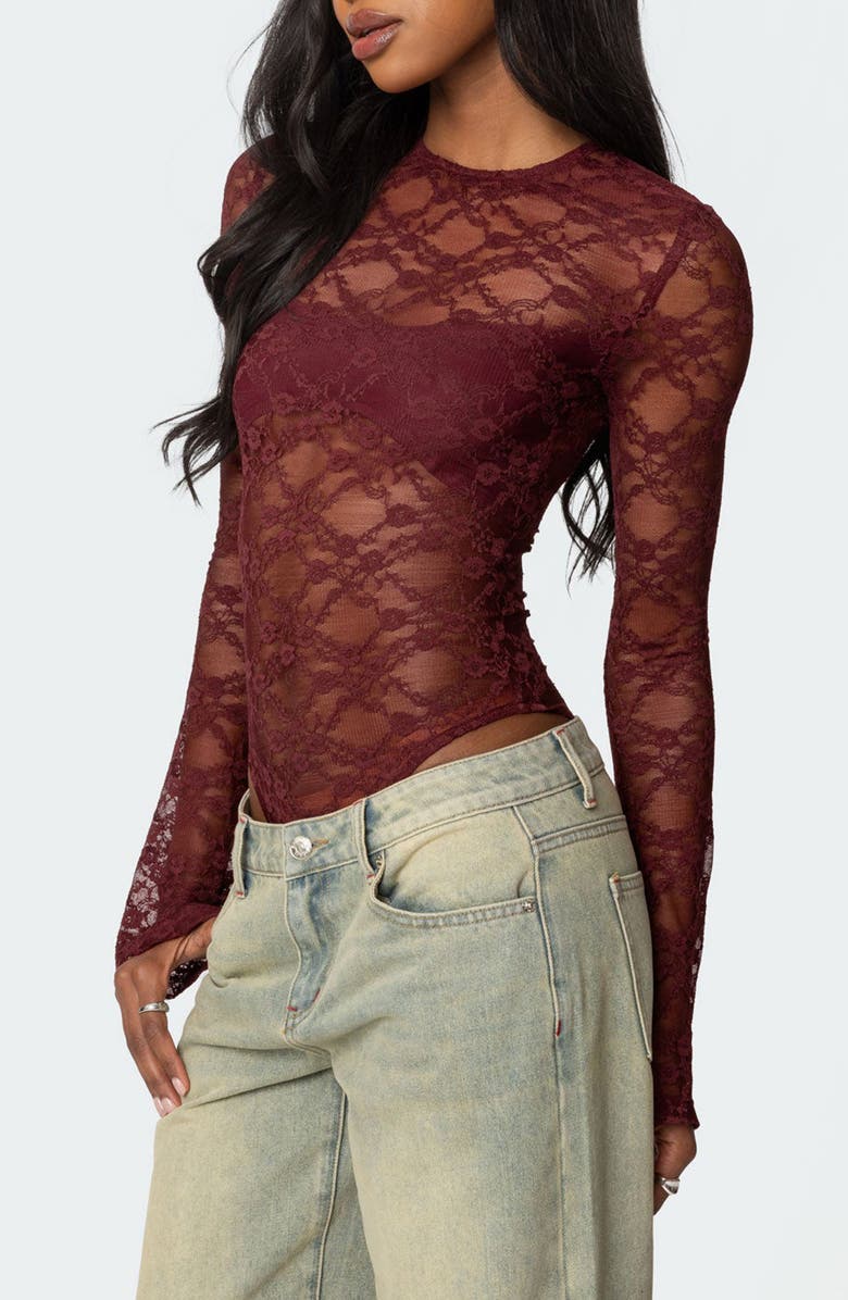 EDIKTED Colette Sheer Lace Bodysuit, Alternate, color, Burgundy