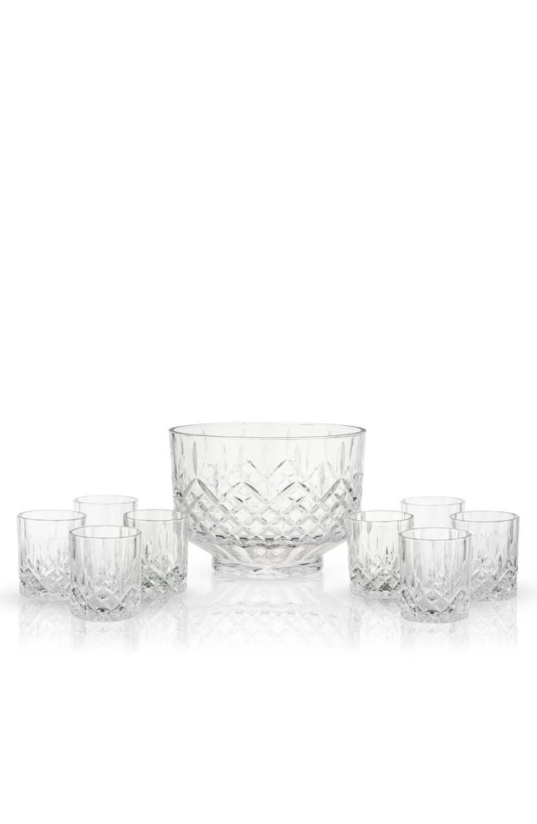 Viski Admiral Crystal 9-Piece Punch Bowl & Tumbler Set, Main, color, Clear