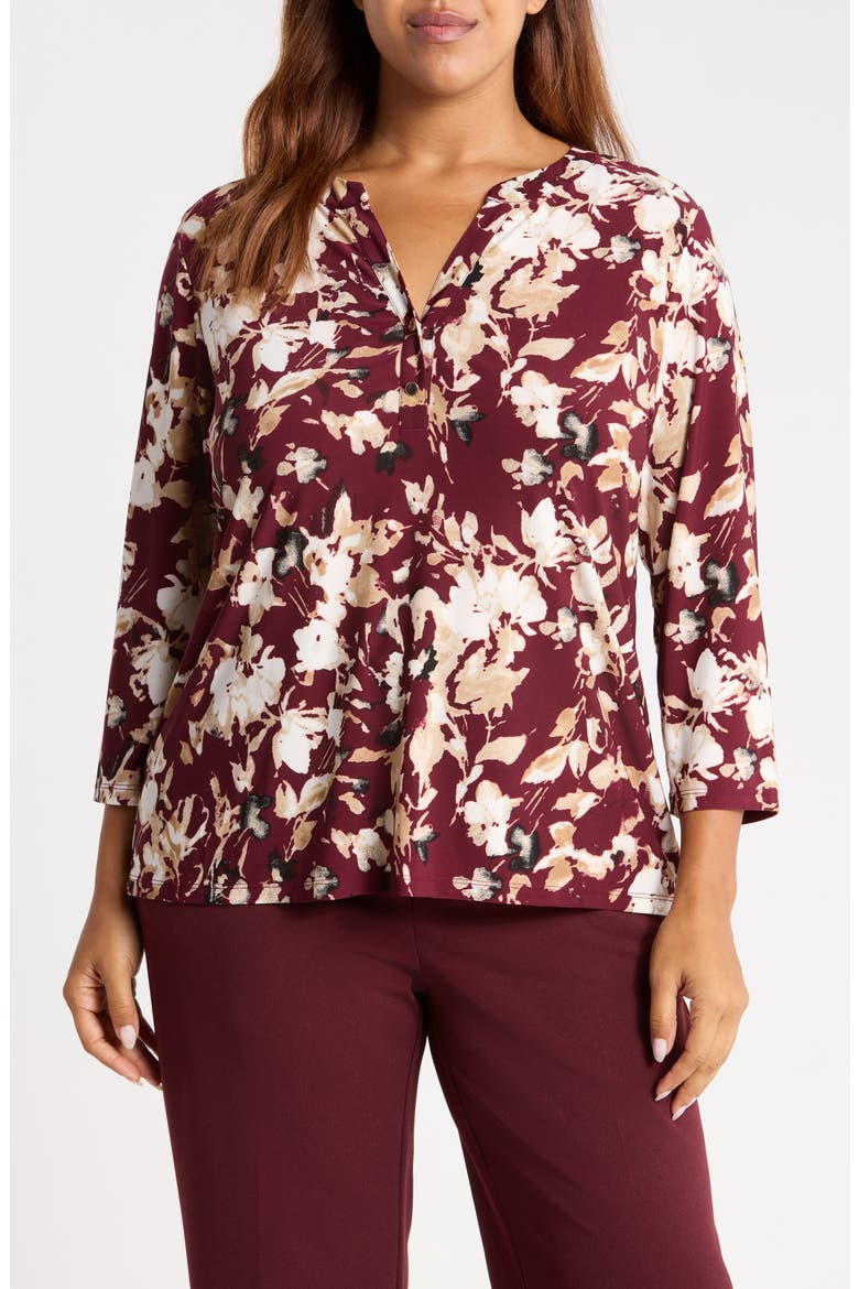 Woodblock Texture Three-Quarter Sleeve Henley Top, Main, color, BAROLO MULTI