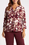 AK ANNE KLEIN Woodblock Texture Three-Quarter Sleeve Henley Top