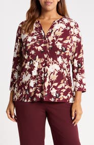 AK ANNE KLEIN Woodblock Texture Three-Quarter Sleeve Henley Top