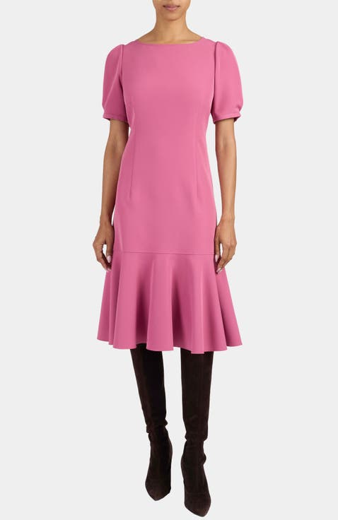 Dasia Sheath Dress with Short Puff Sleeves in Soft Stretch Crepe