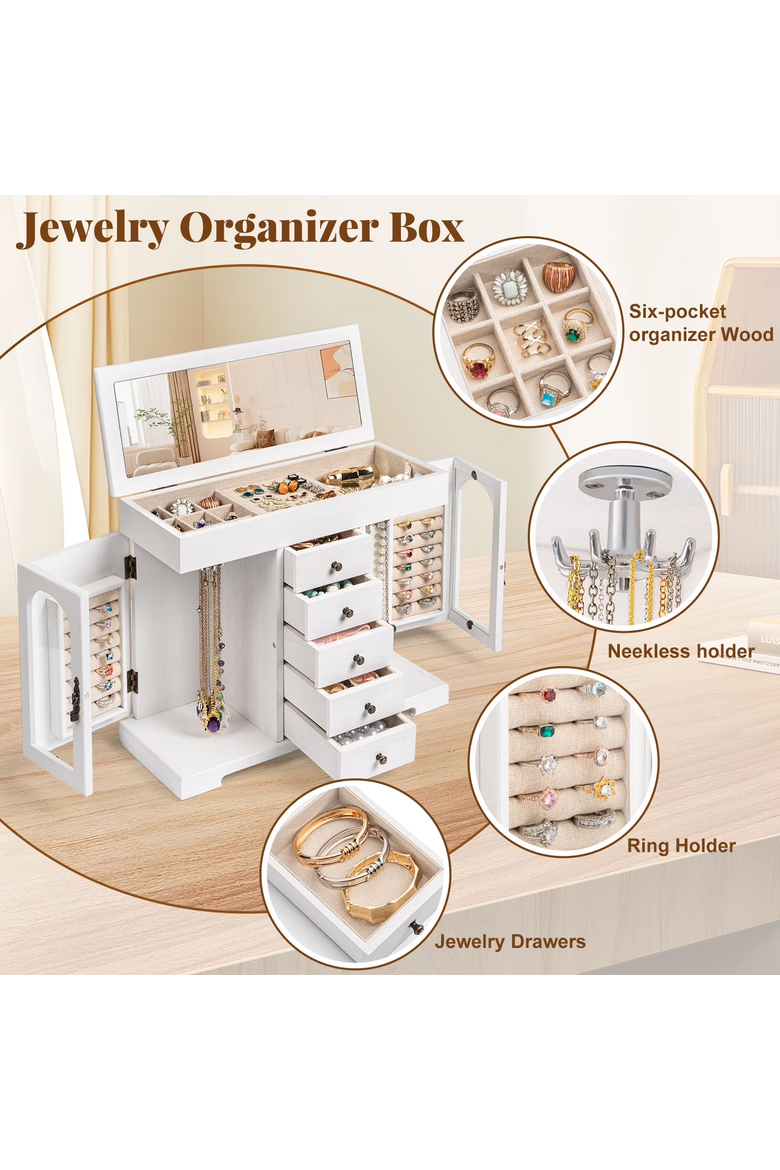 Wooden Jewelry Organizer Cabinet with Mirror, Alternate, color, White
