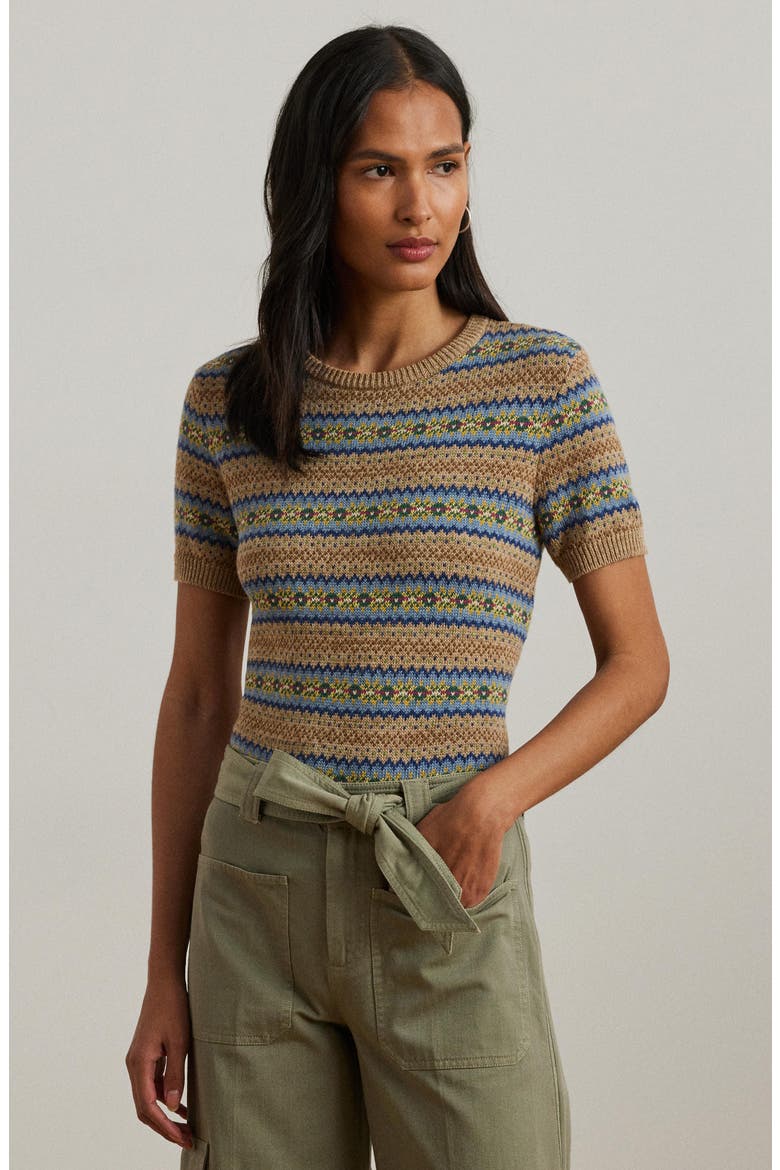 Fair Isle Short Sleeve Cotton & Linen Sweater, Alternate, color, BROWN MULTI