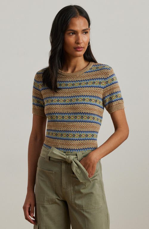 Ralph Lauren Lauren Fair Isle Short Sleeve Cotton & Linen Sweater In Brown Multi