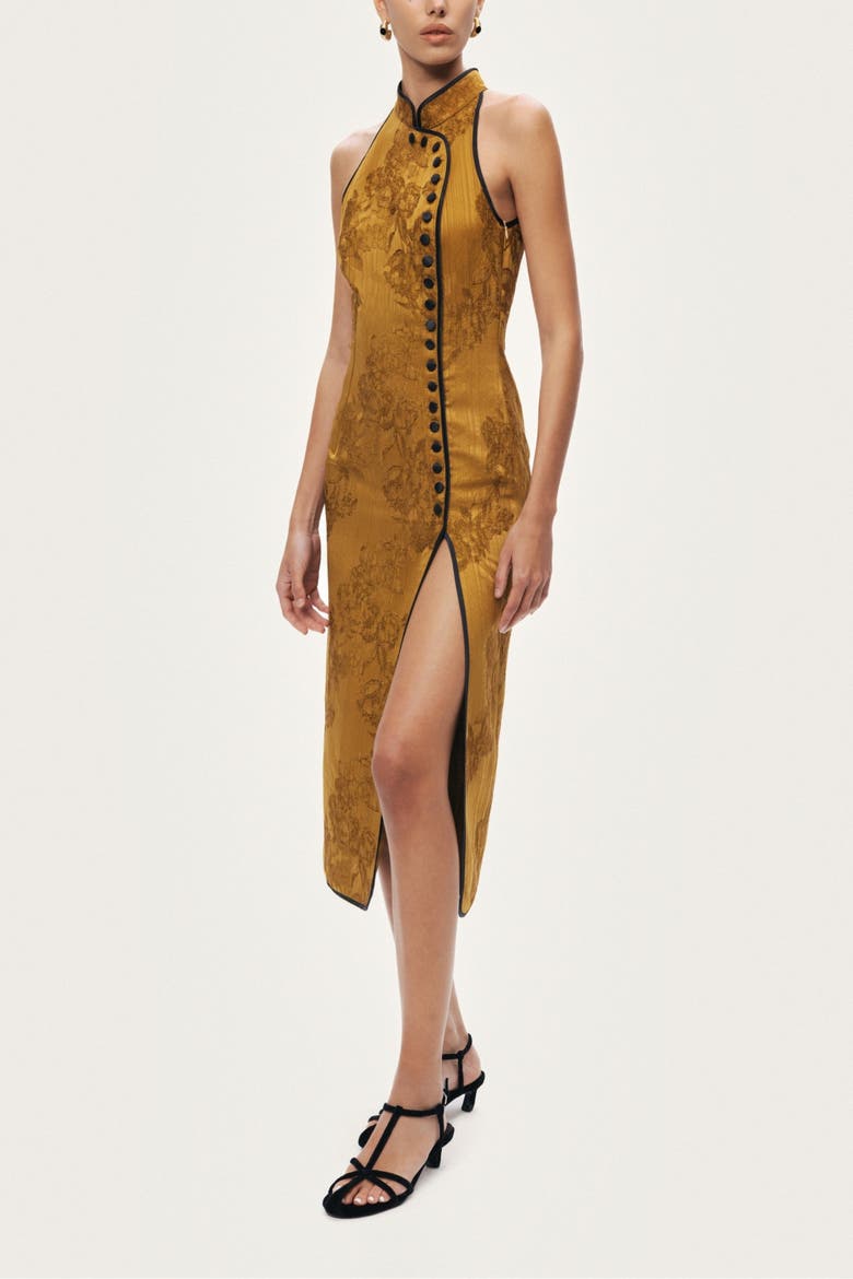 High-Neck Button-Detail Midi Dress, Alternate, color, Camel