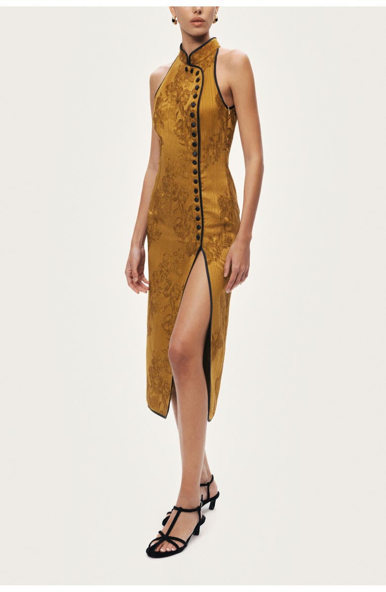 Nocturne High-Neck Button-Detail Midi Dress, Alternate, color, Camel
