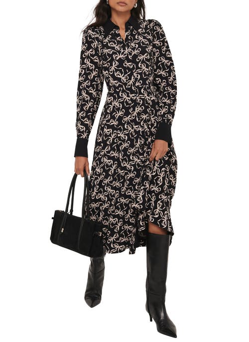 Mint Velvet Bow Print Midi Shirt Dress In Black