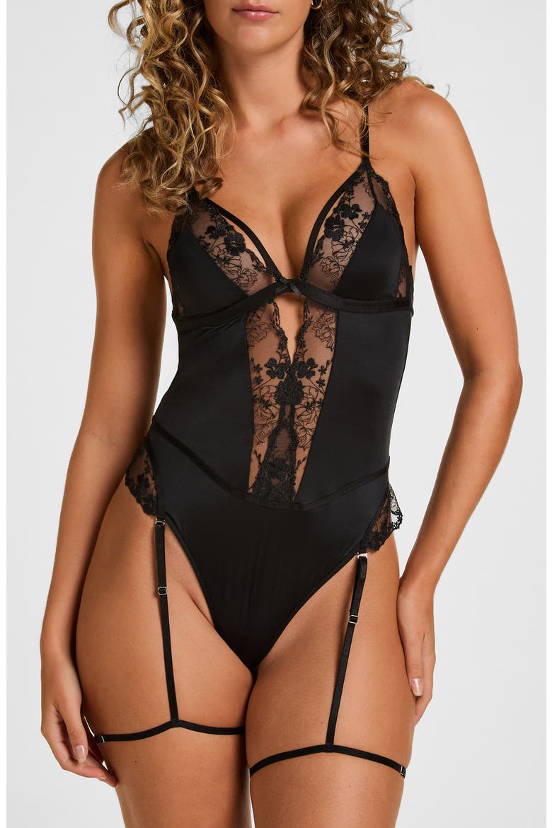 Peonie Lace Bodysuit with Garters, Main, color, CAVIAR