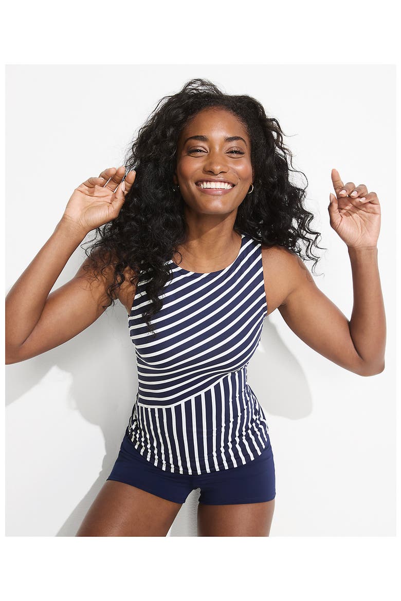 High Neck UPF 50 Modest Tankini Top Swimsuit, Alternate, color, Deep Sea Mixed Diagonal Stripe
