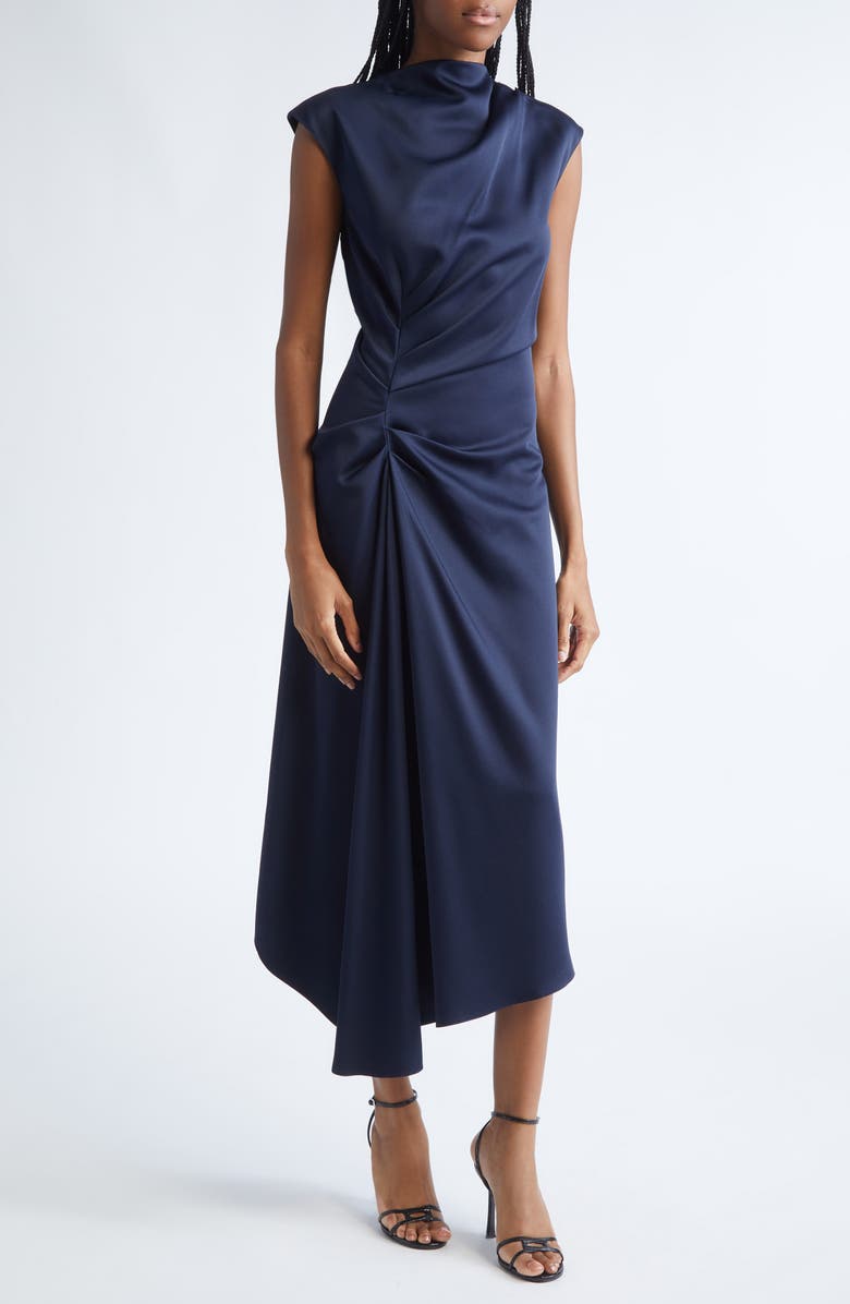 Michael Kors Collection Cowl Neck Satin Cinch Dress, Alternate, color, Midnight