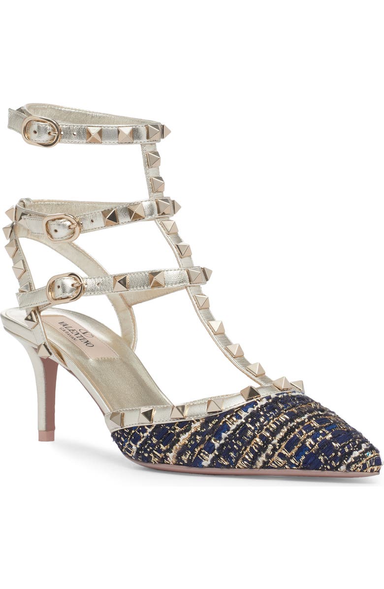 Valentino Garavani Rockstud Metallic Tweed T-Strap Pointed Toe Pump, Main, color,