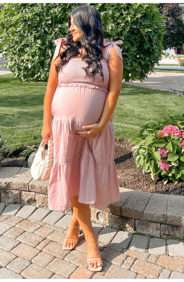 PinkBlush Bow Strap Tiered Midi Dress, Alternate, color, Mauve