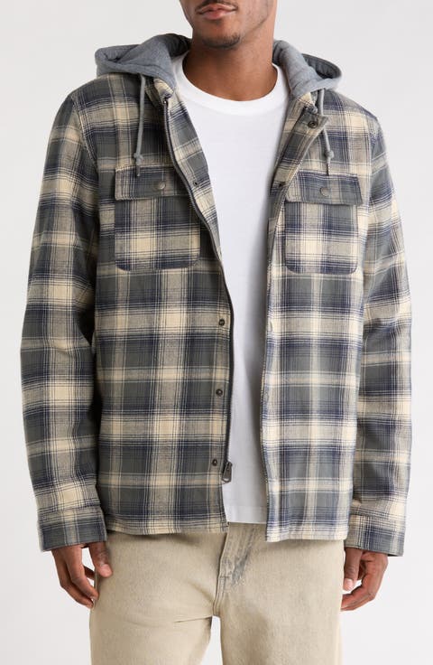 Plaid Faux Shearling Lined Jersey Hood Shirt Jacket
