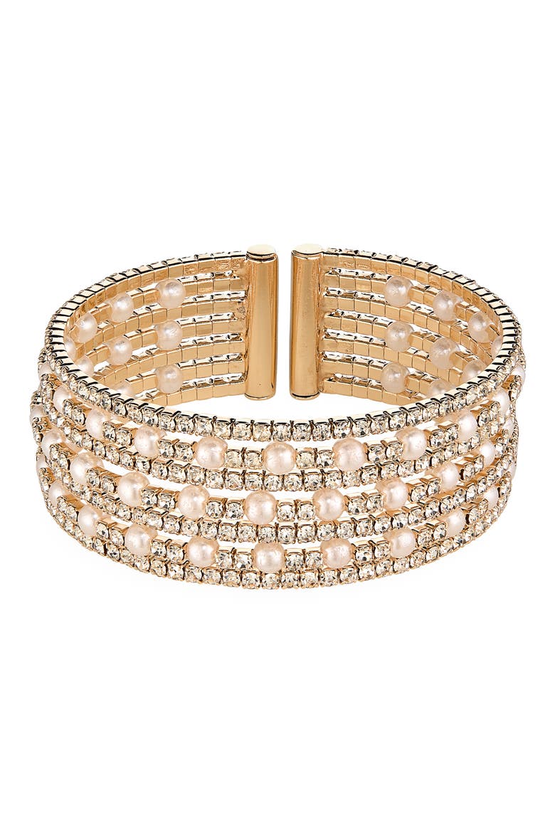 Crystal & Faux Pearl Cuff Bracelet, Main, color, GOLD/ PINK