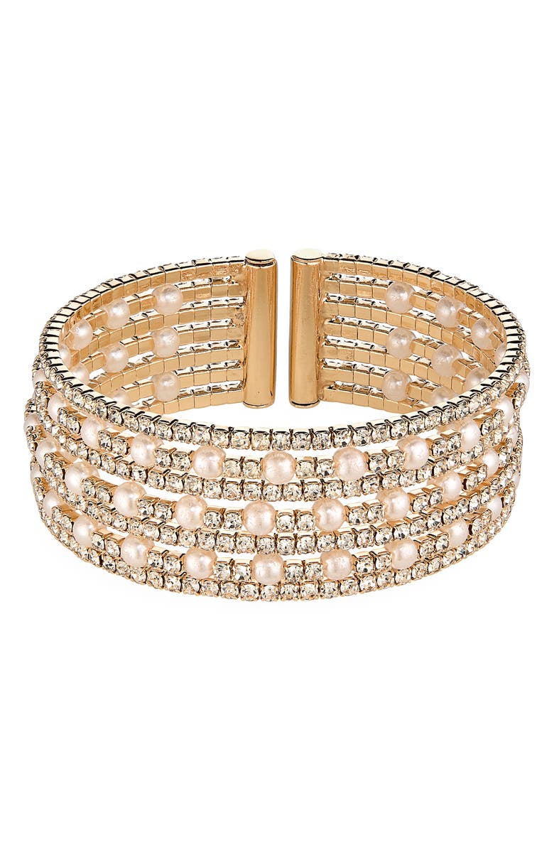 Cara Crystal & Faux Pearl Cuff Bracelet, Main, color, Gold/ Pink