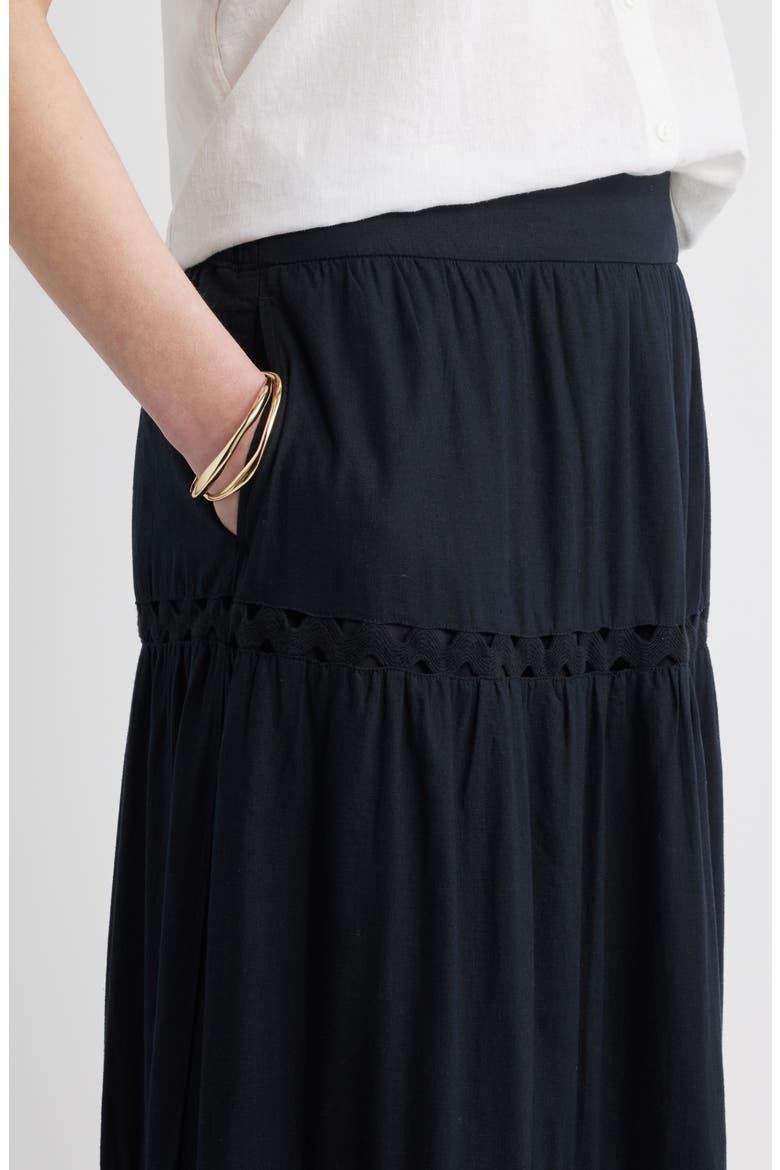 Rickrack Trim Linen Blend Tiered Maxi Skirt, Alternate, color, BLACK