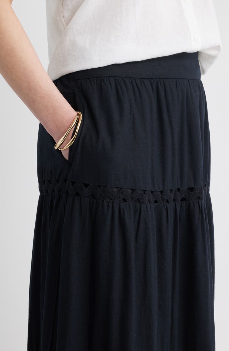 Caslon<sup>®</sup> Rickrack Trim Linen Blend Tiered Maxi Skirt, Alternate, color, Black