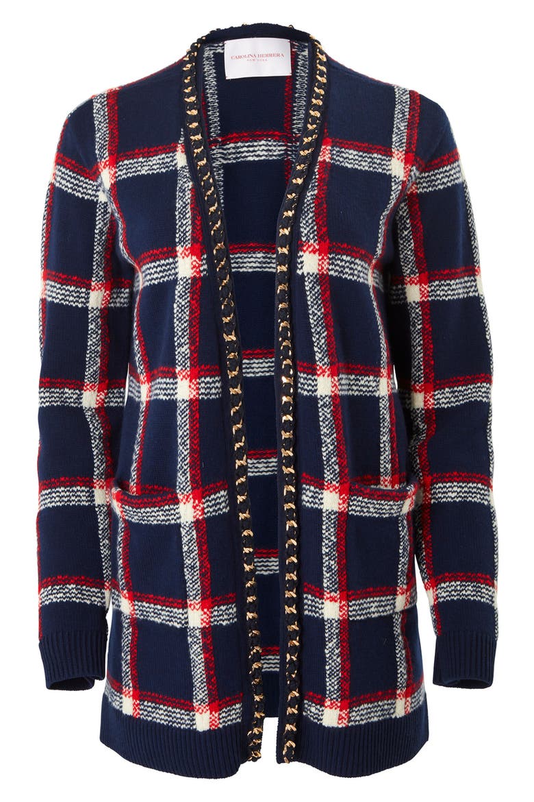 Chain Trim Plaid Wool Cardigan, Alternate, color, MIDNIGHT MULTI